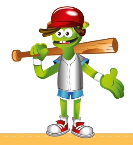 Tekening van Sjors Sportief met een honkbalknuppel in zijn hand en helm op zijn hoofd
