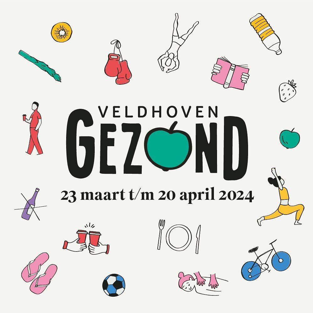 Advertentie voor de Veldhoven Gezond-weken. In het midden staan het logo van Veldhoven Gezond en de periode waarin de Veldhoven Gezonden-weken plaatsvinden. Daaromheen bevinden zich enkele decoratieve illustraties.