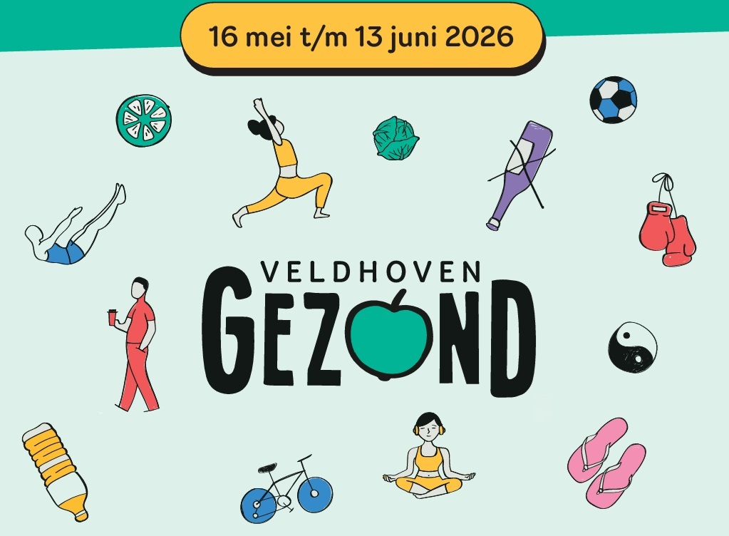 Logo Veldhoven Gezond. Datum van Veldhoven Gezond-weken: 16 mei tot en met 13 juni 2026.